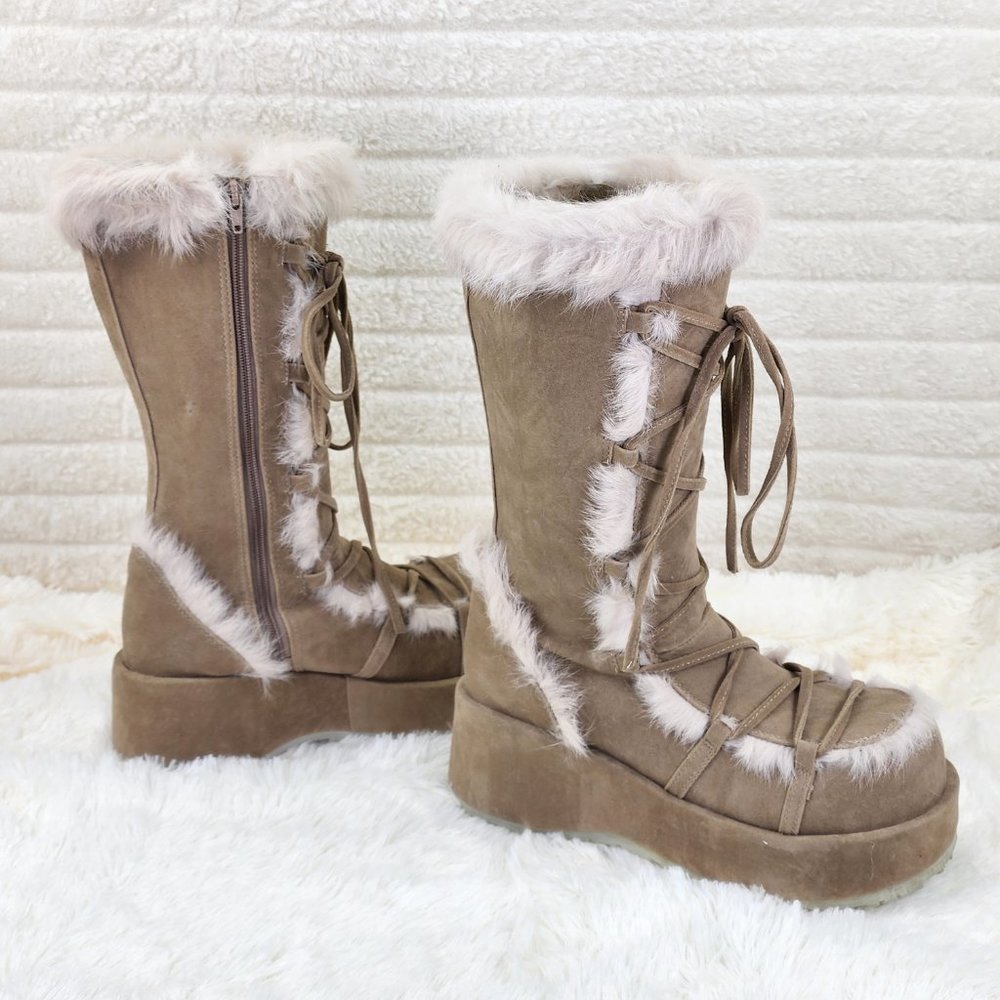 311 Cubby Tan Platform Furry Go-go Mammoth Stomper Knee Boots - Picture 8 of 12